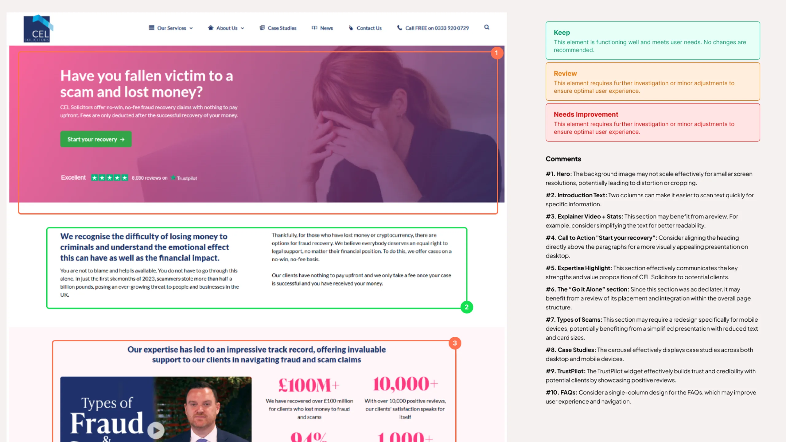 Original fraud service page annotated with audit flags, each linked to a usability or accessibility heuristic