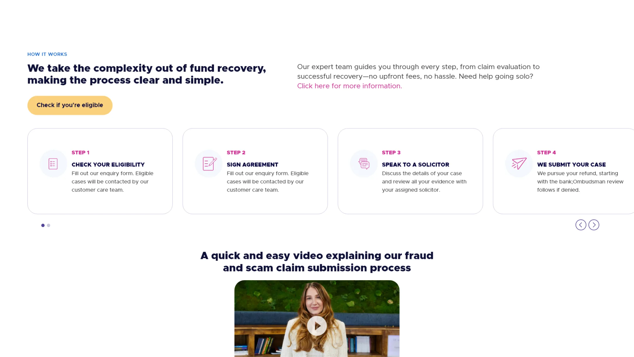 Redesigned fraud page How it works section, setting out the claim steps