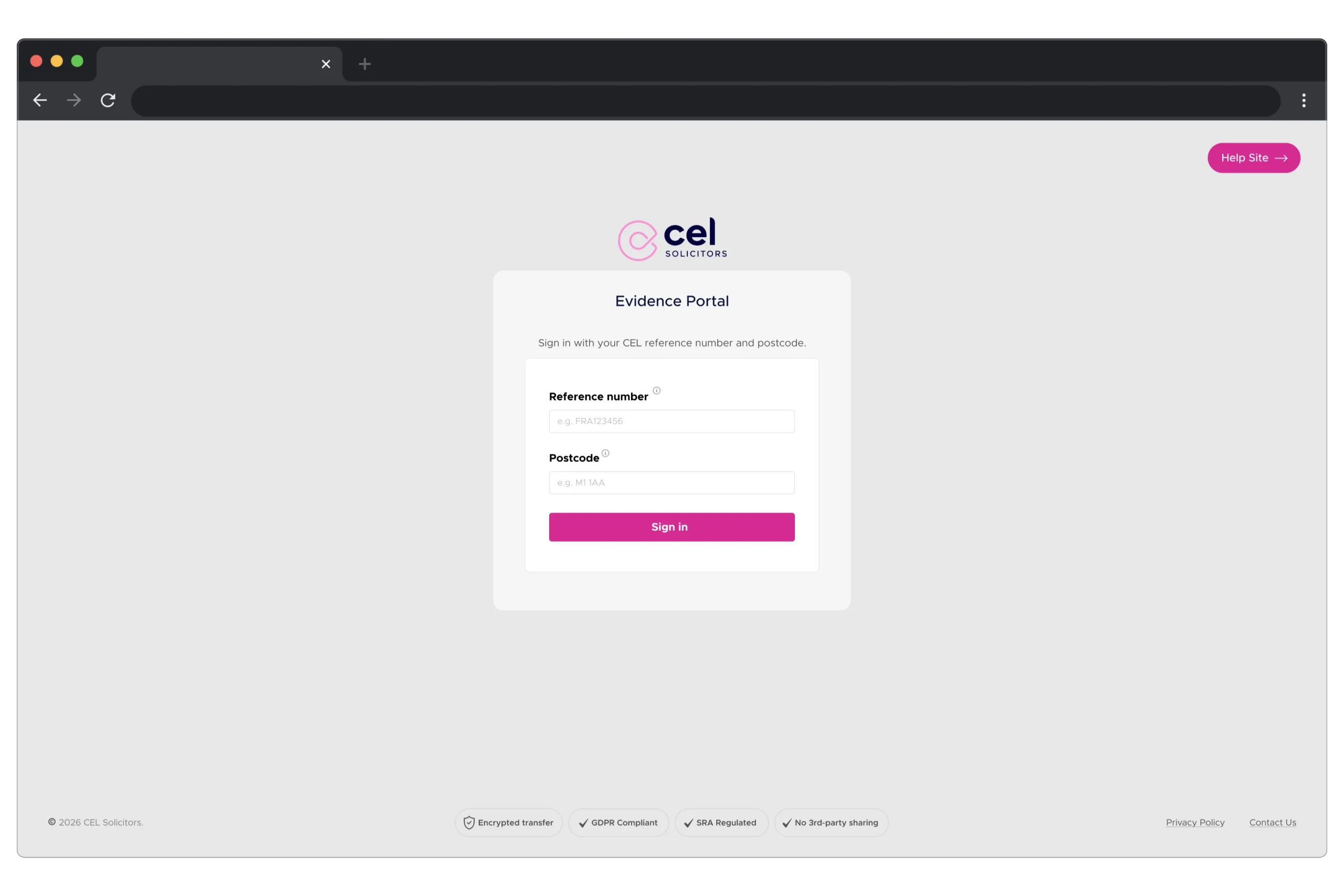 Sign-in screen: contained card with CEL reference and postcode fields showing format examples, trust signals below