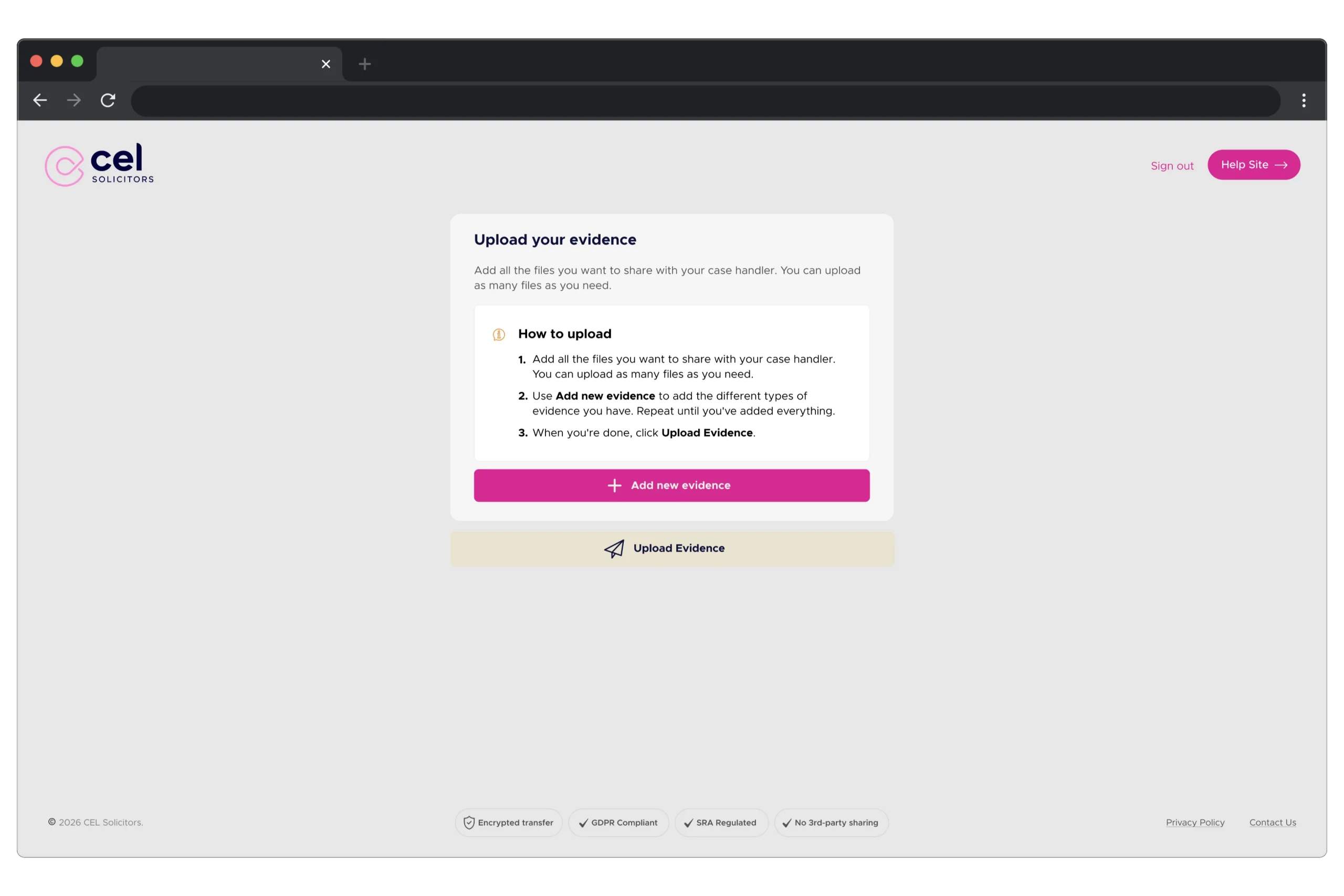 Upload landing screen with a How to upload instruction block and Upload Evidence disabled until files are added
