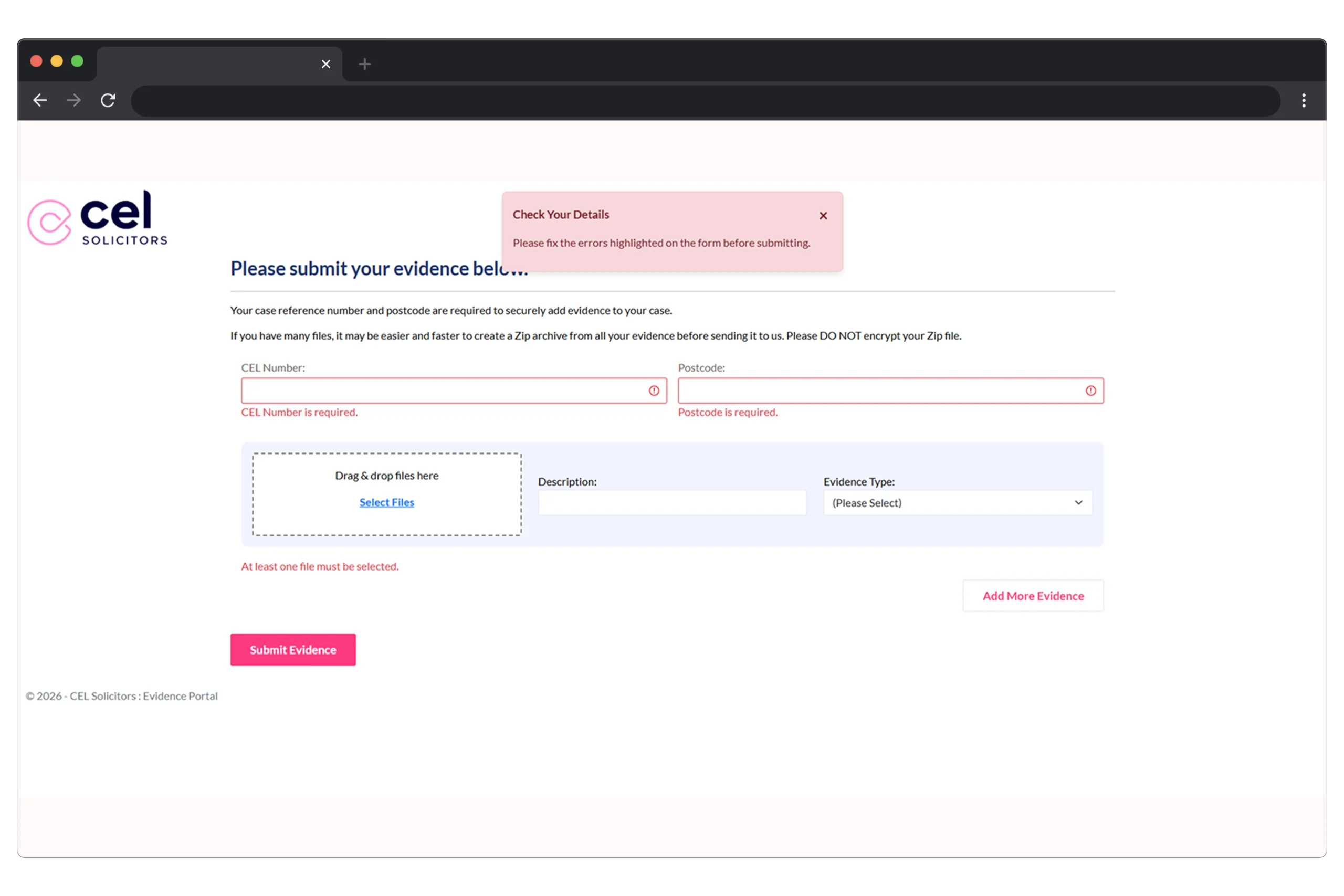 Original evidence portal home screen: a single-page form with case reference, postcode, upload area and category dropdown