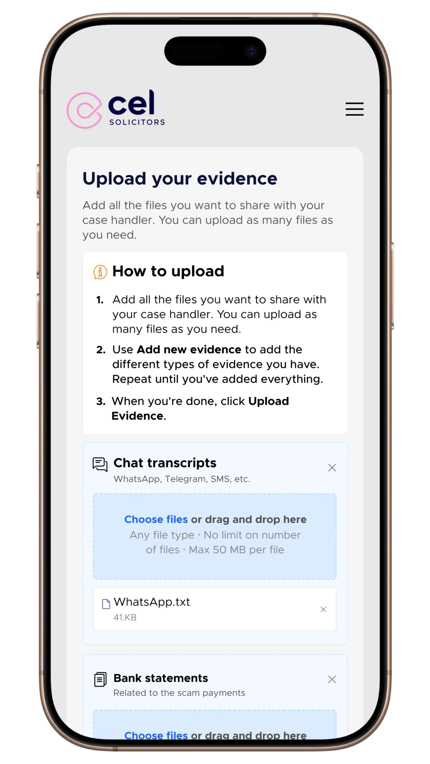 Mobile upload screen with files added