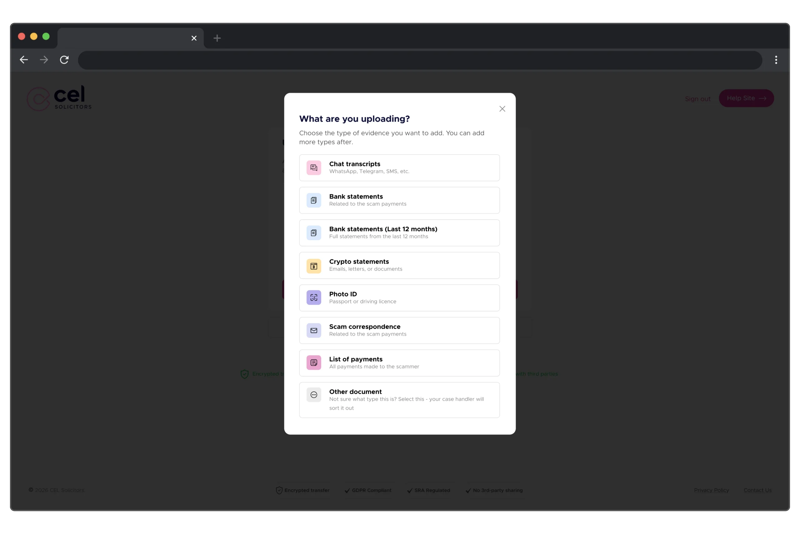 Evidence type picker asking What are you uploading, with labelled options and an Other document choice