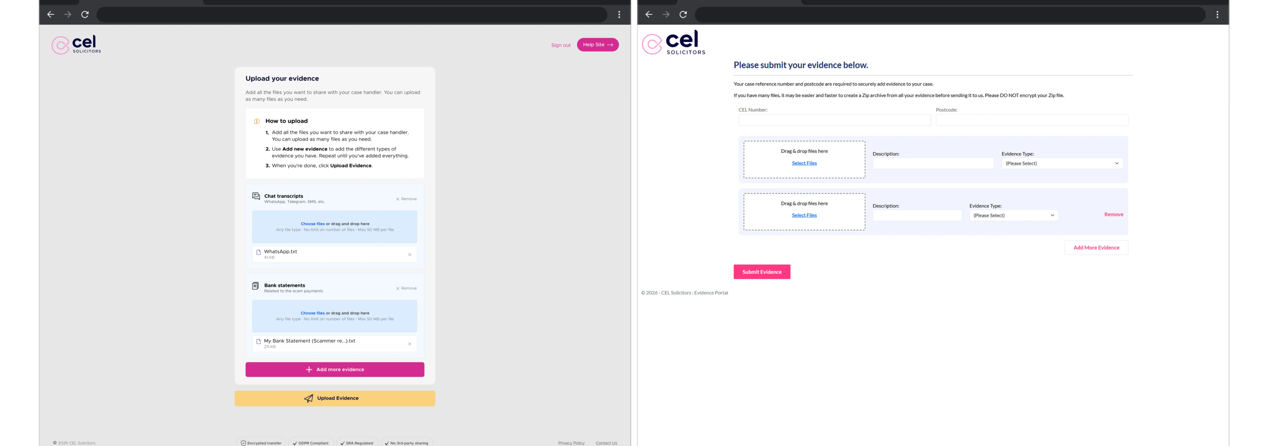 Upload screen before and after: a single form replaced by card-based grouping per evidence type