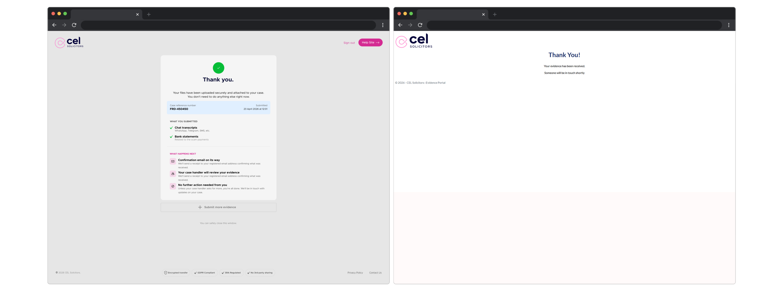 Confirmation screen before and after: the new version shows case reference, timestamp, upload summary and what happens next